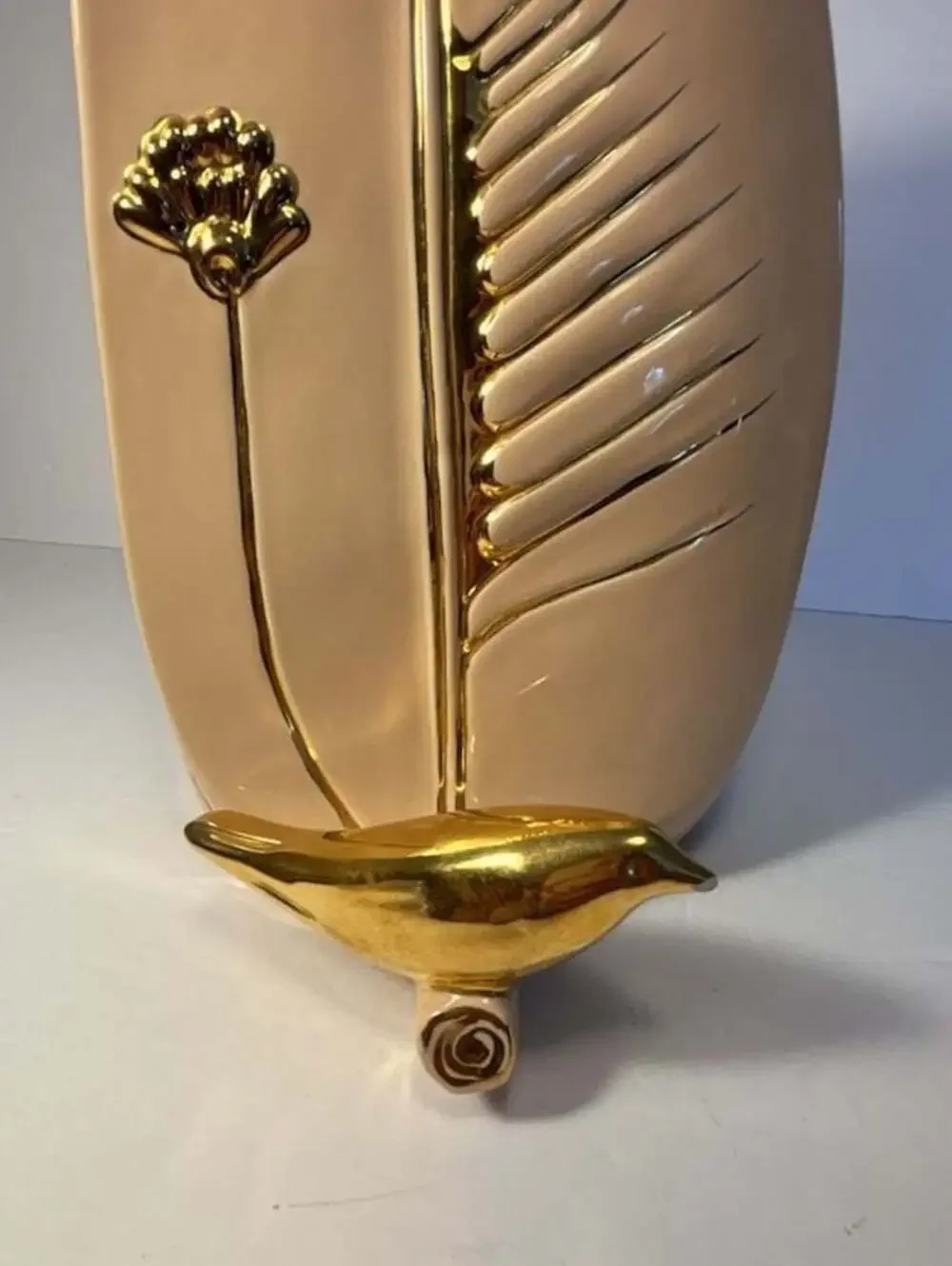 Vintage Mid-Century Modern Pink Ceramic Wall Pocket Vase with Gold Trim
